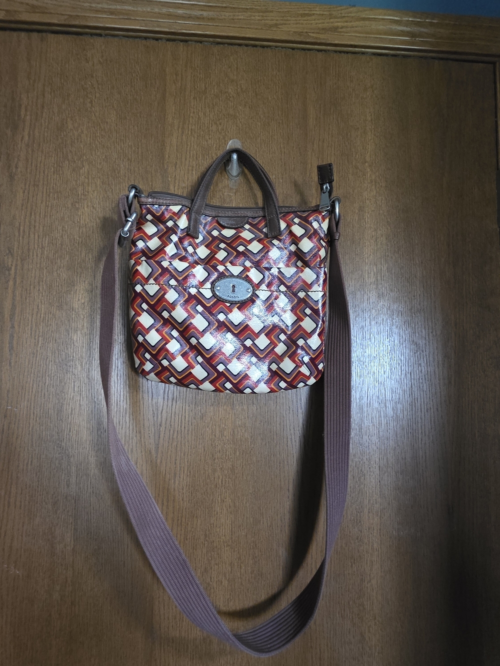 Fossil Brown, Cream, Red & Purple Geometric Crossbody Bag - Picture 2 of 5